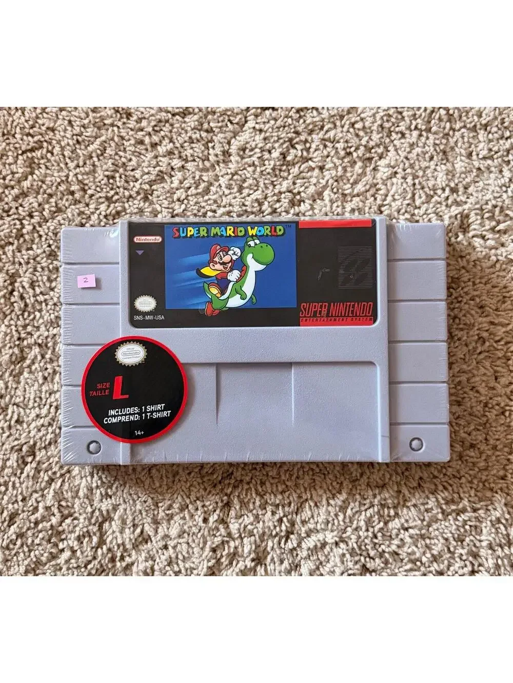 Super Mario World SNES oversized Cartridge and Large Tshirt